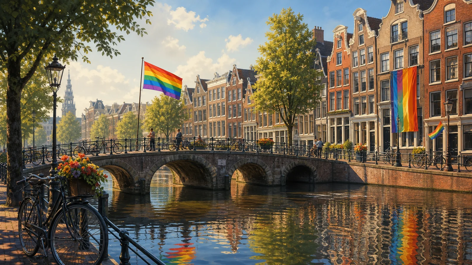 Editorial illustration of Amsterdam canal houses, a bridge and Pride colours reflected in the water