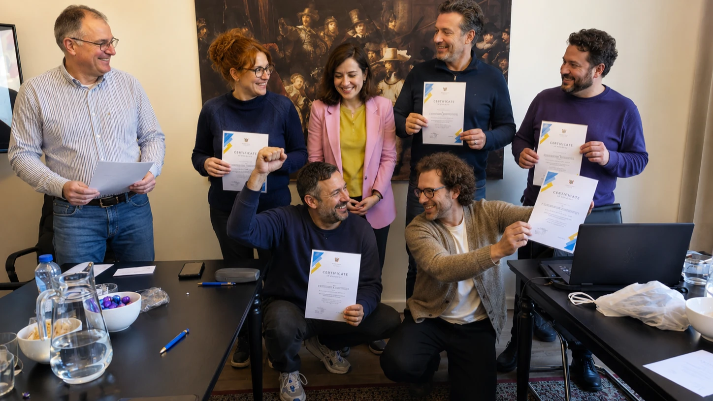 Happy course participants celebrating with their certificates