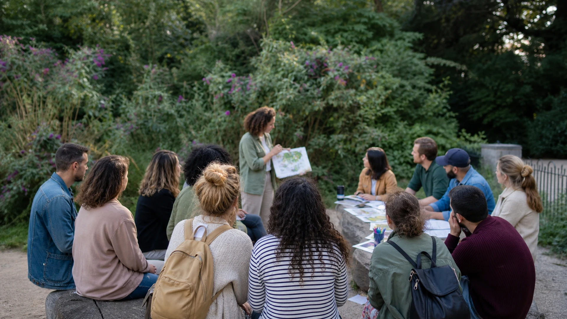 Adult learners participating in an outdoor educational activity in a park