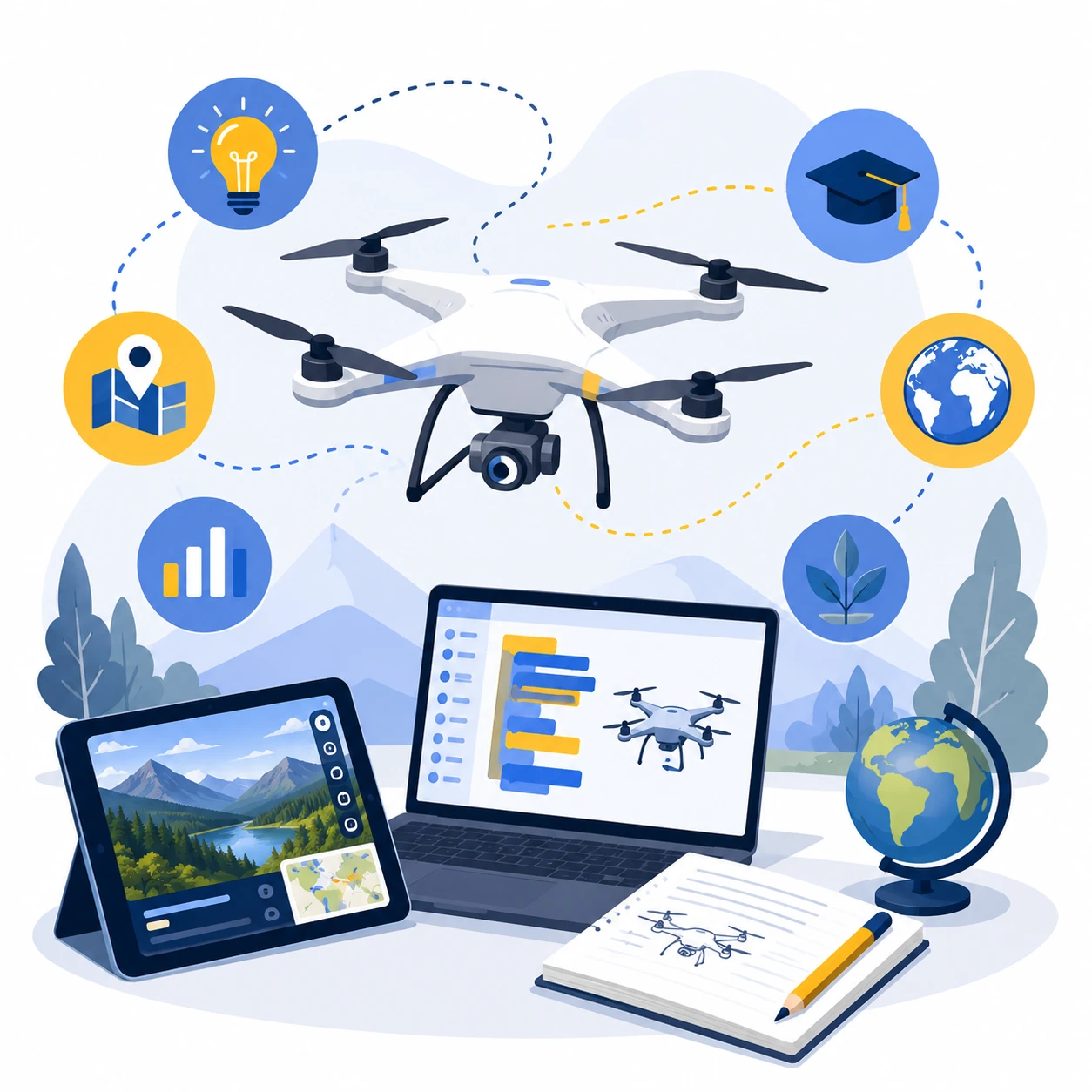 Illustration showing educational and institutional applications of drone technology