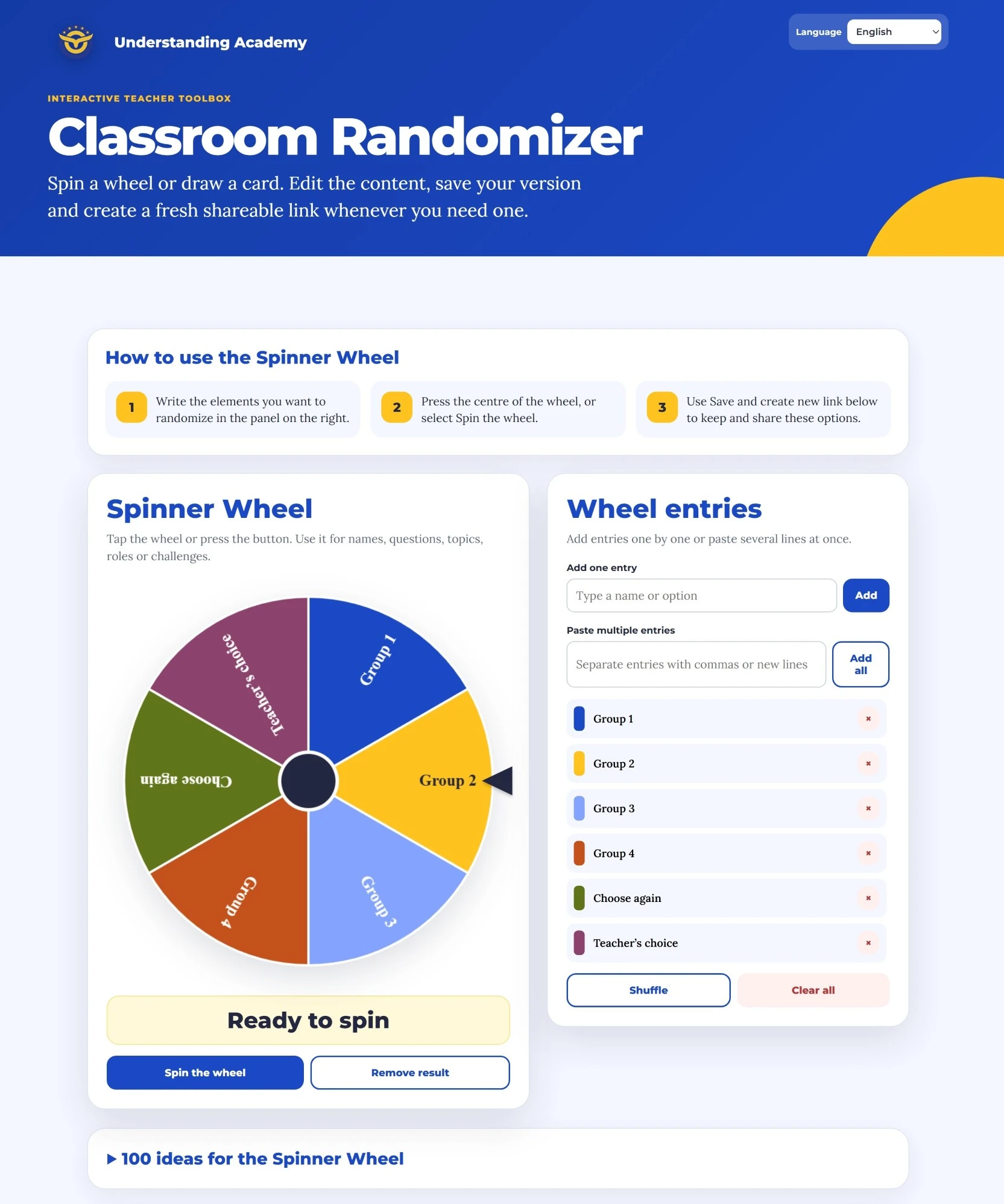 Colourful Spinner Wheel app for classroom participation and random selection