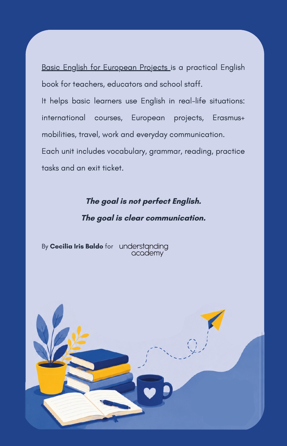 Back cover describing the practical English workbook for teachers and educators
