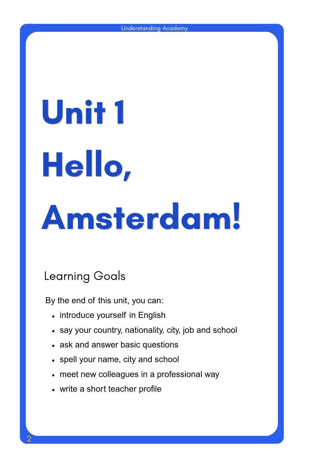 Hello Amsterdam unit with learning goals for introductions and basic conversations