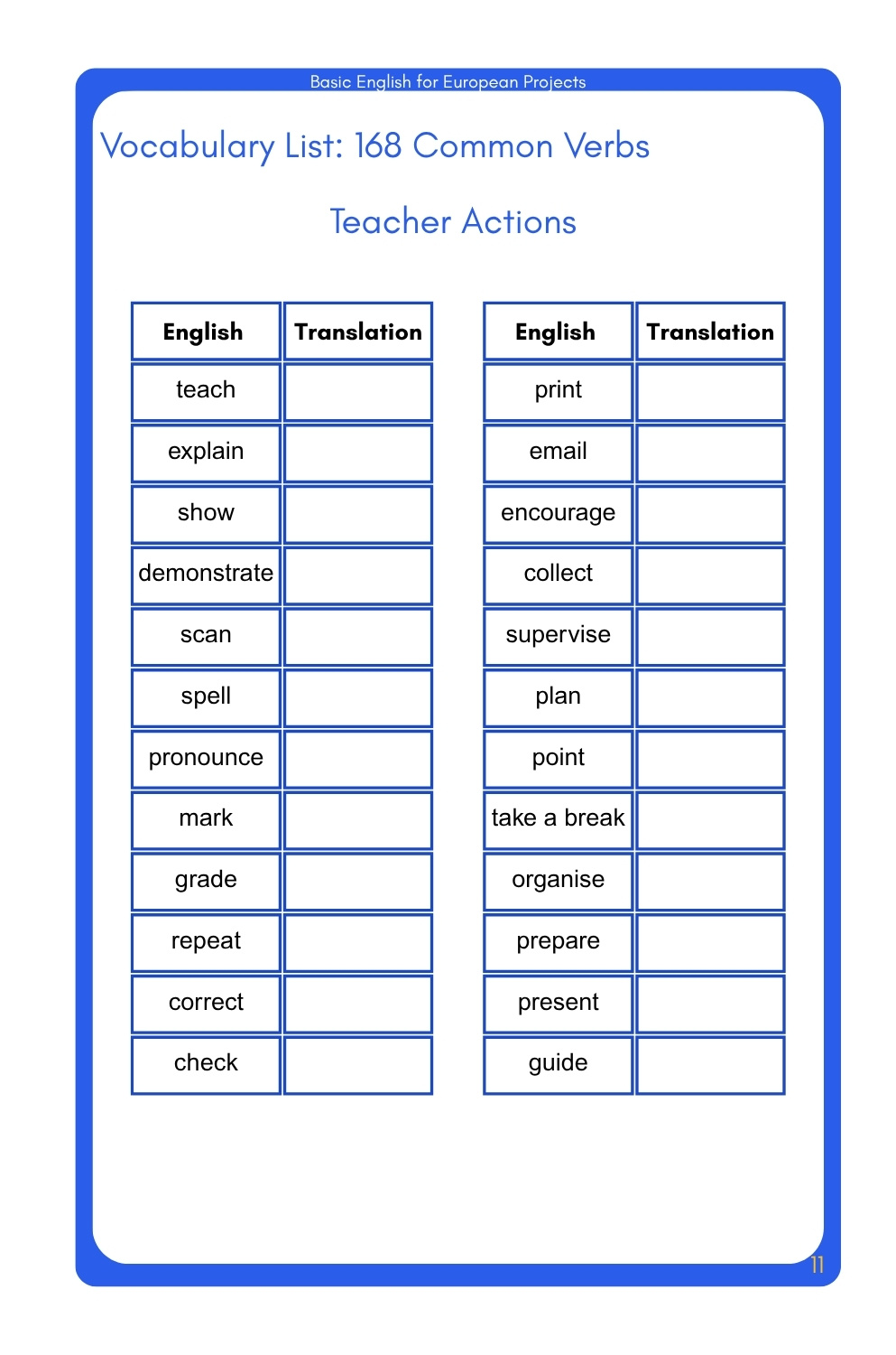 English vocabulary list of common verbs used by teachers