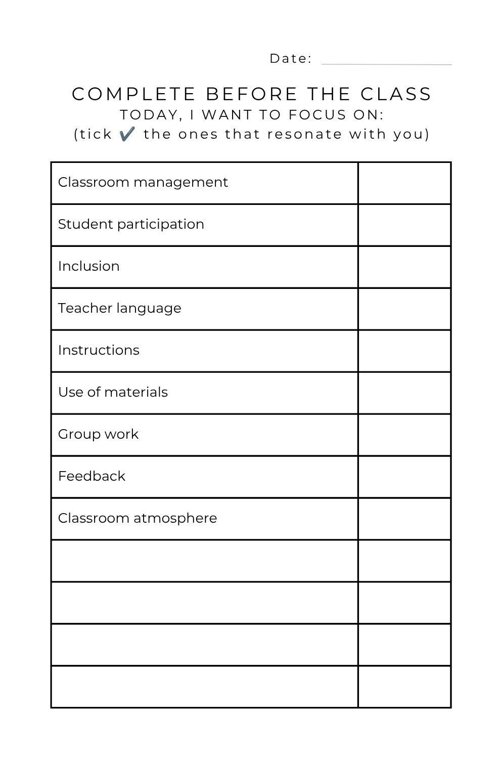 Classroom observation focus checklist for use before observing a lesson
