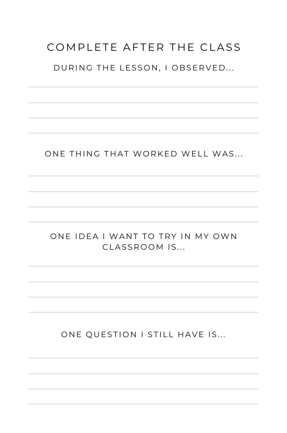 Guided reflection page for completing after a classroom observation