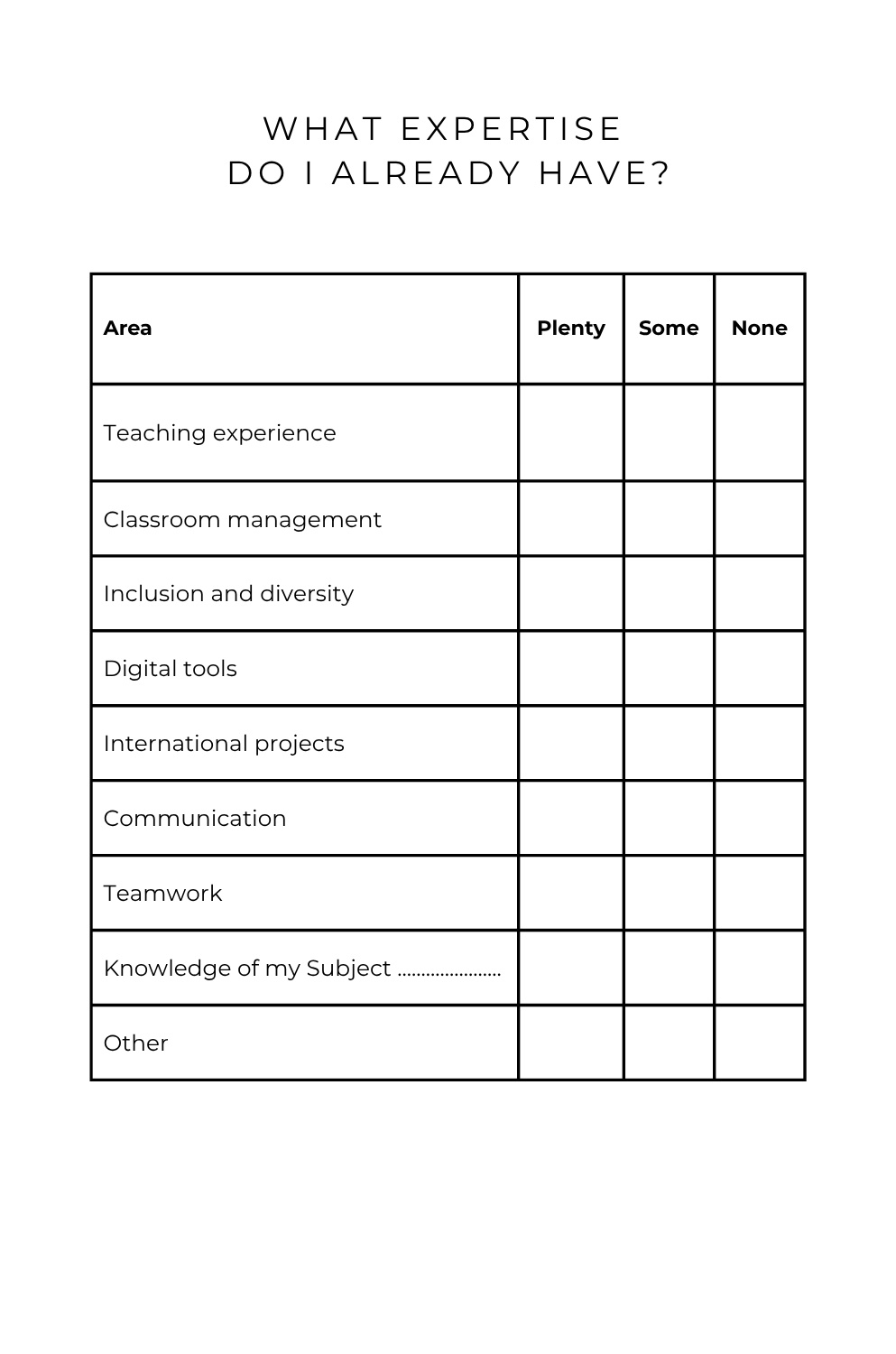 Professional self-assessment page covering teaching experience and international projects