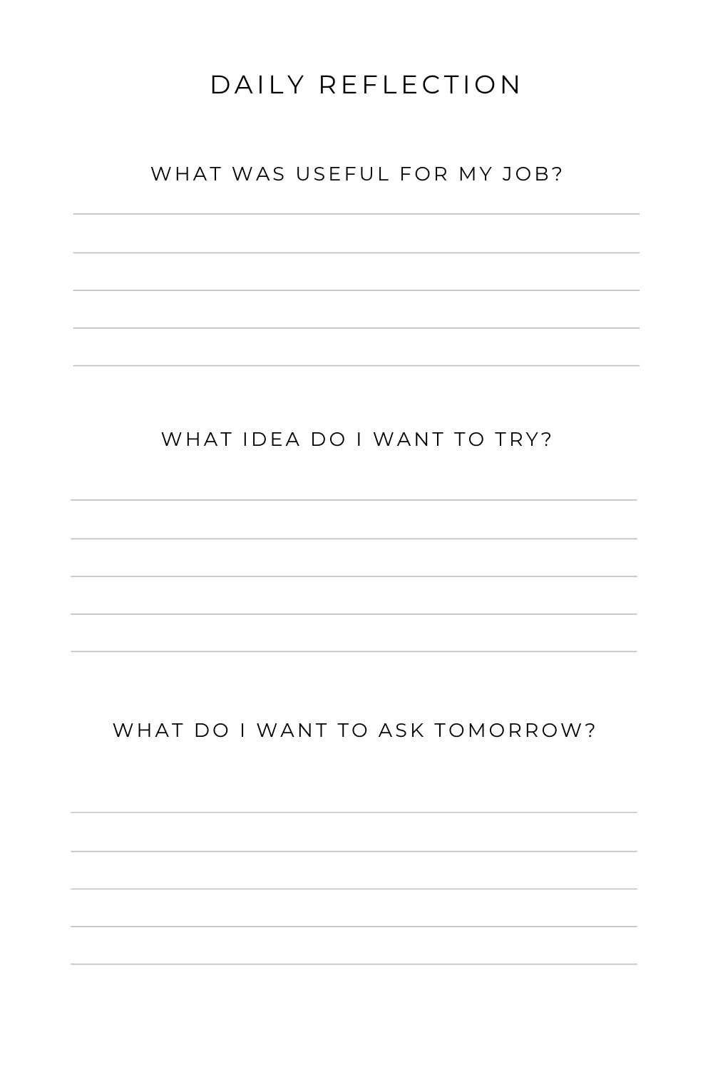 Daily course reflection page for recording useful learning and ideas to try