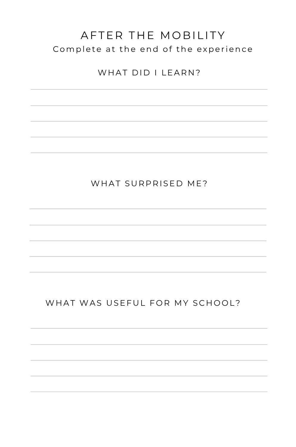 After the mobility reflection page for recording learning and useful outcomes